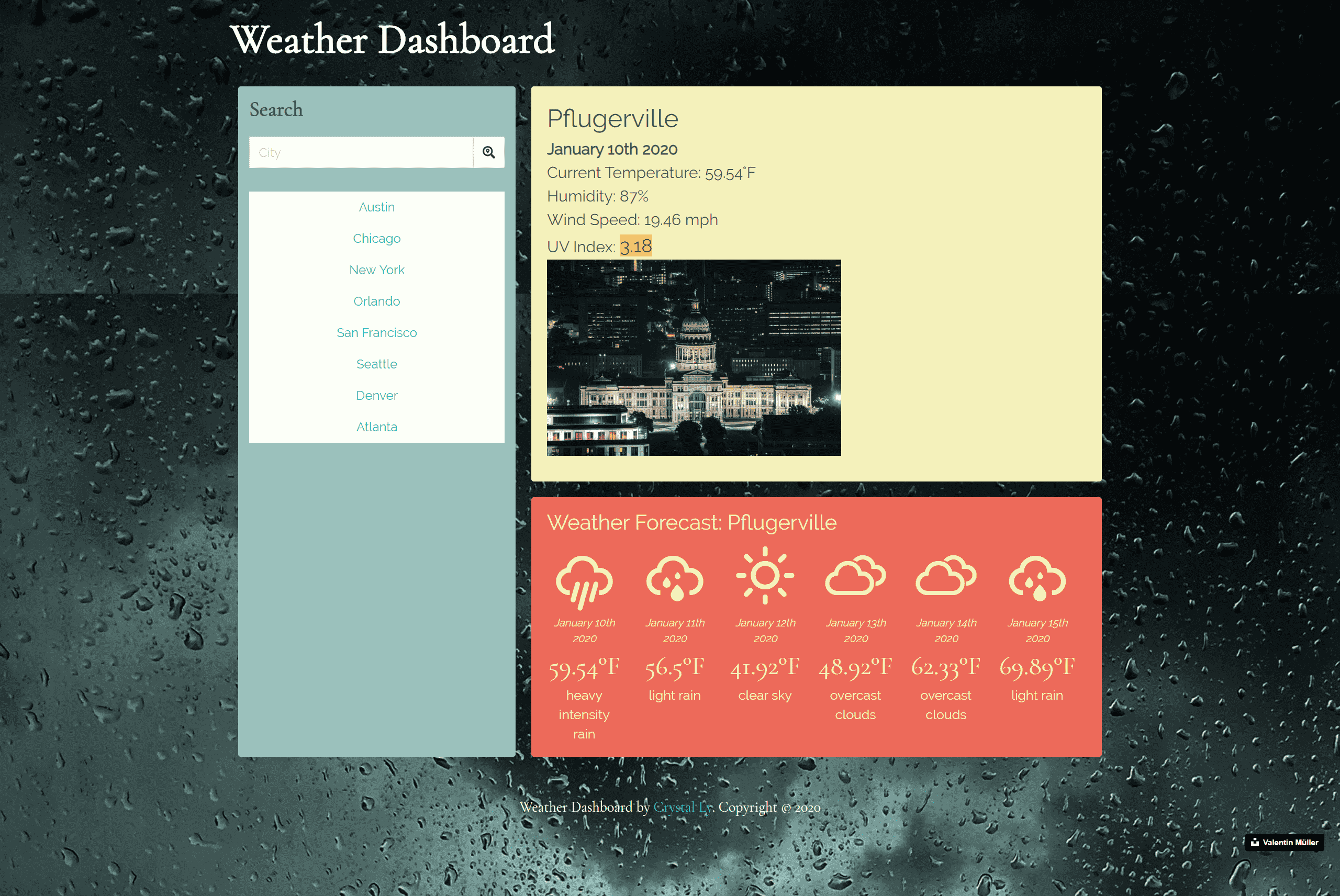 screenshot of weather dashboard website