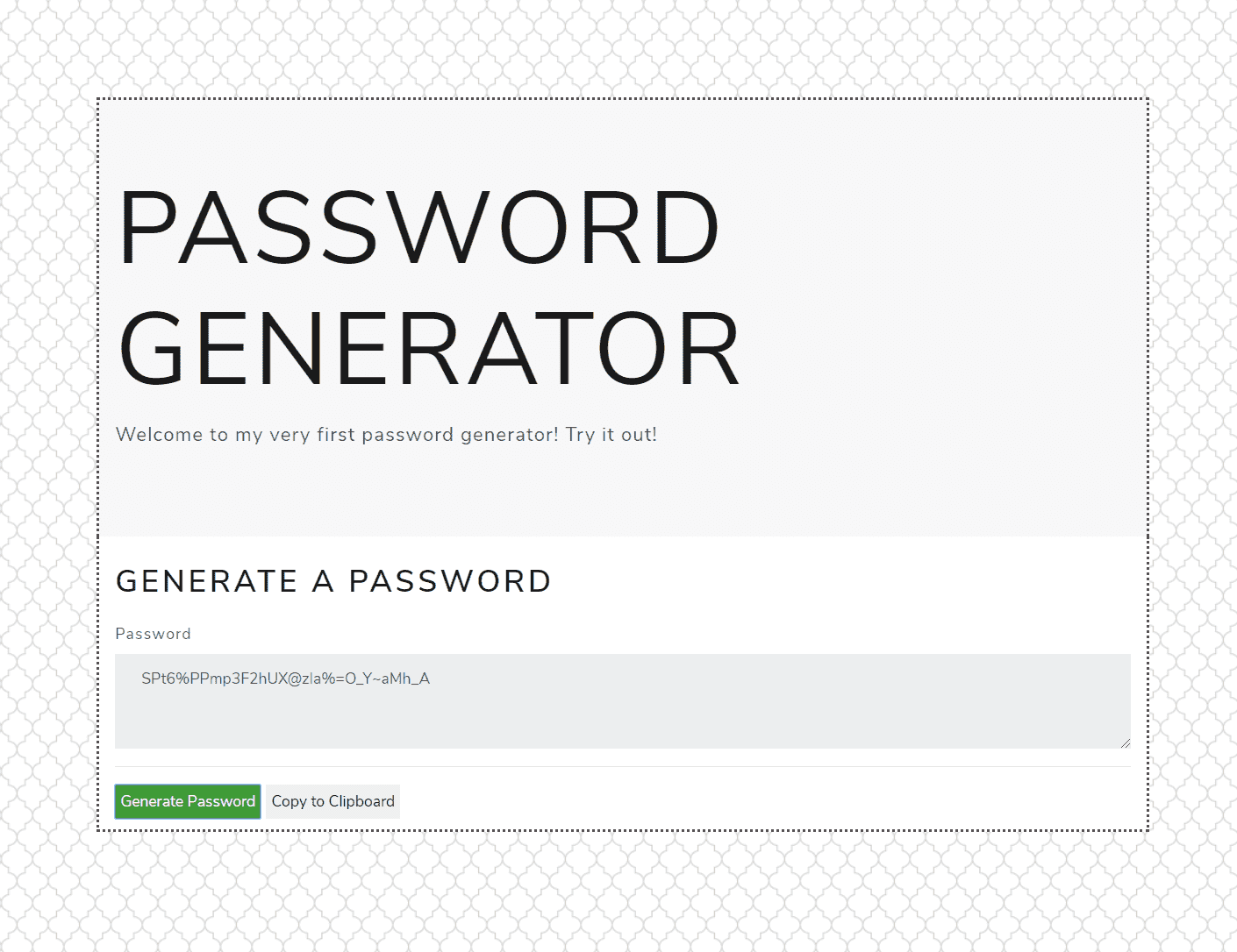 screenshot of password generator website